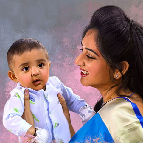 Mother and Child Digital Portrait Painting by Oilpixel