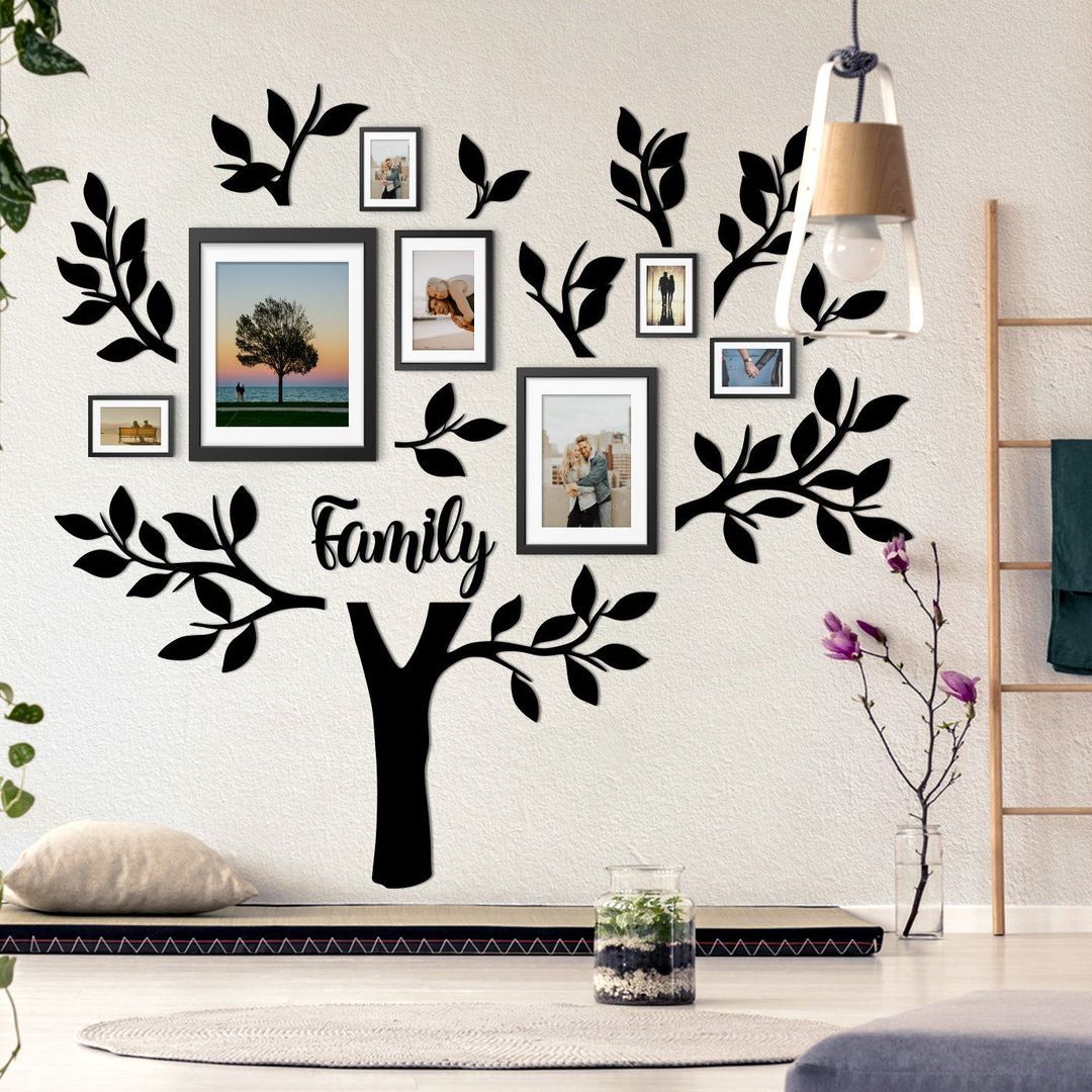 Black color family tree with pictures on a wall